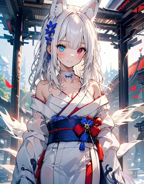 [[[ ultra-detailed, best quality, soft skin, beautiful, 4k]]] white hair, white fox ears, perfect blue and red eyes (heterochrom...