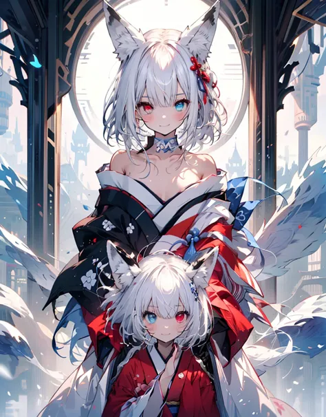 [[[ ultra-detailed, best quality, soft skin, beautiful, 4k]]] white hair, white fox ears, perfect blue and red eyes (heterochrom...