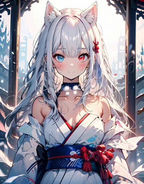 [[[ ultra-detailed, best quality, soft skin, beautiful, 4k]]] white hair, white fox ears, perfect blue and red eyes (heterochrom...