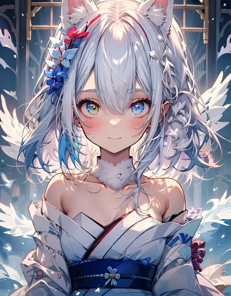 [[[ ultra-detailed, best quality, soft skin, beautiful, 4k]]] white hair, white fox ears, perfect blue and red eyes (heterochrom...