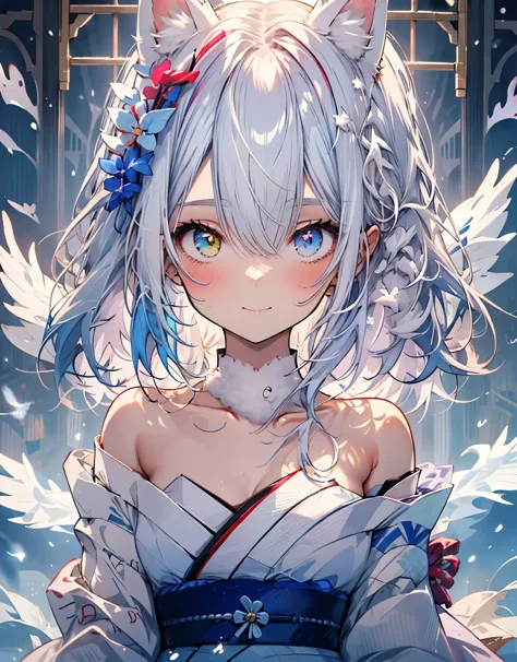 [[[ ultra-detailed, best quality, soft skin, beautiful, 4k]]] white hair, white fox ears, perfect blue and red eyes (heterochrom...