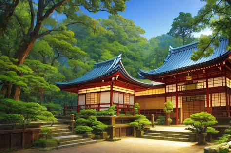 oriental building, masterpiece, japanese, forest, rainforest