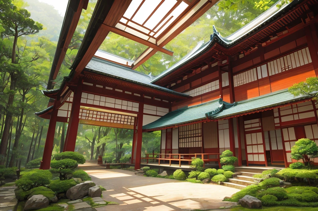 oriental building, masterpiece, japanese, forest, rainforest