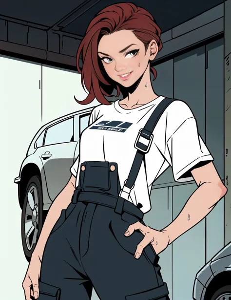 (detailed), beautiful woman, dark red hair, pale skin, wearing loose [black:dark blue:0.5] baggy racing cargo pants full [jumpsu...