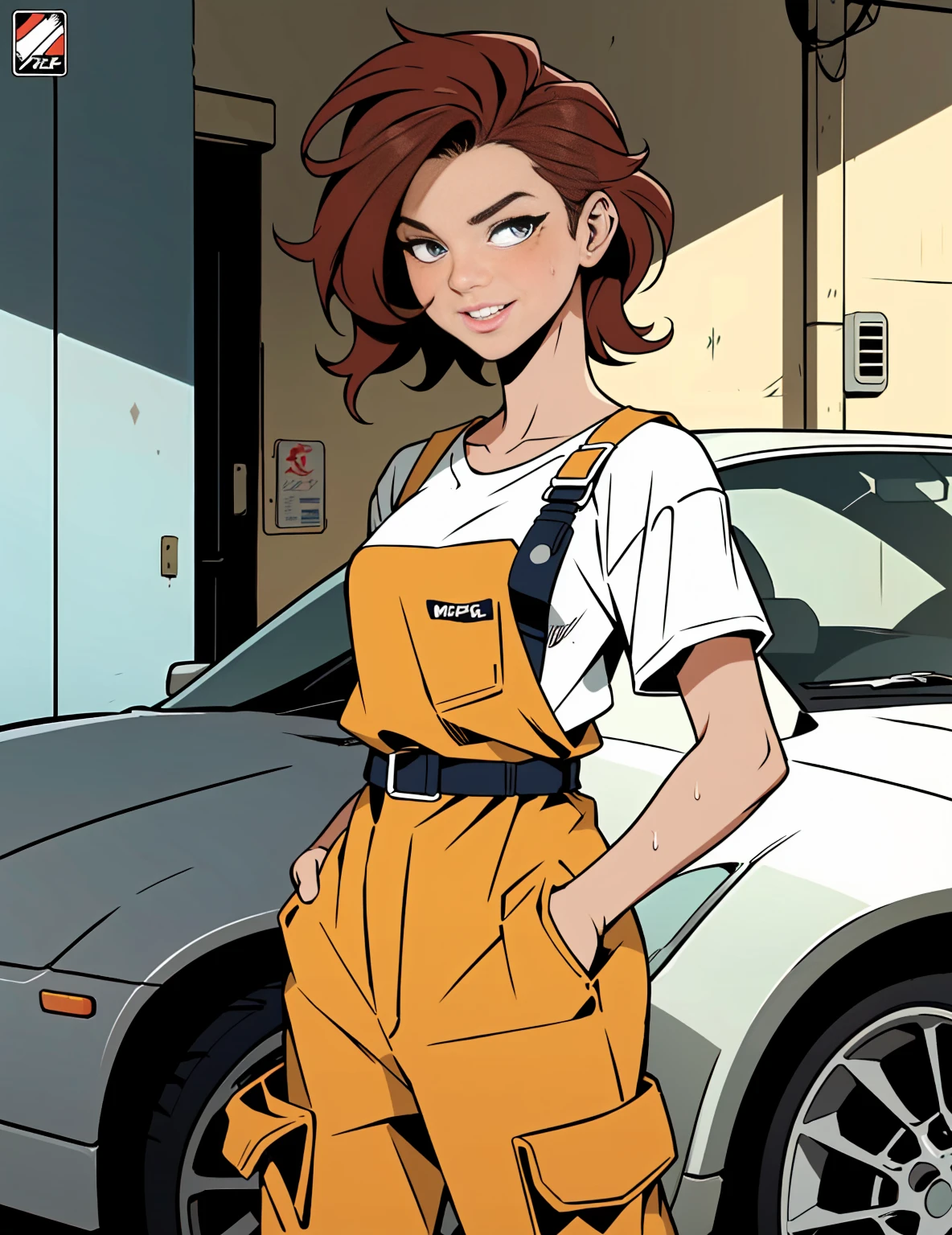 (detailed), beautiful woman, dark red hair, pale skin, wearing loose [black:dark blue:0.5] baggy racing cargo pants full [jumpsuit|overalls], (baggy loose untucked tshirt), branded yokohama logo clothes, racing neck brace, oily sweaty grimy skin, threadbare scuffed clothes, smirk, lips parted, detailed wet hair, (racing harness), dirty, car mechanic, garage, ((high detailed skin, skin details)), detailed cloth folds, detailed cluttered busy small run down garage background, indoors, hand in pocket, 8k uhd, dslr, high quality, film grain, (intricate linework:1) outlines, professional comic book style flat colors