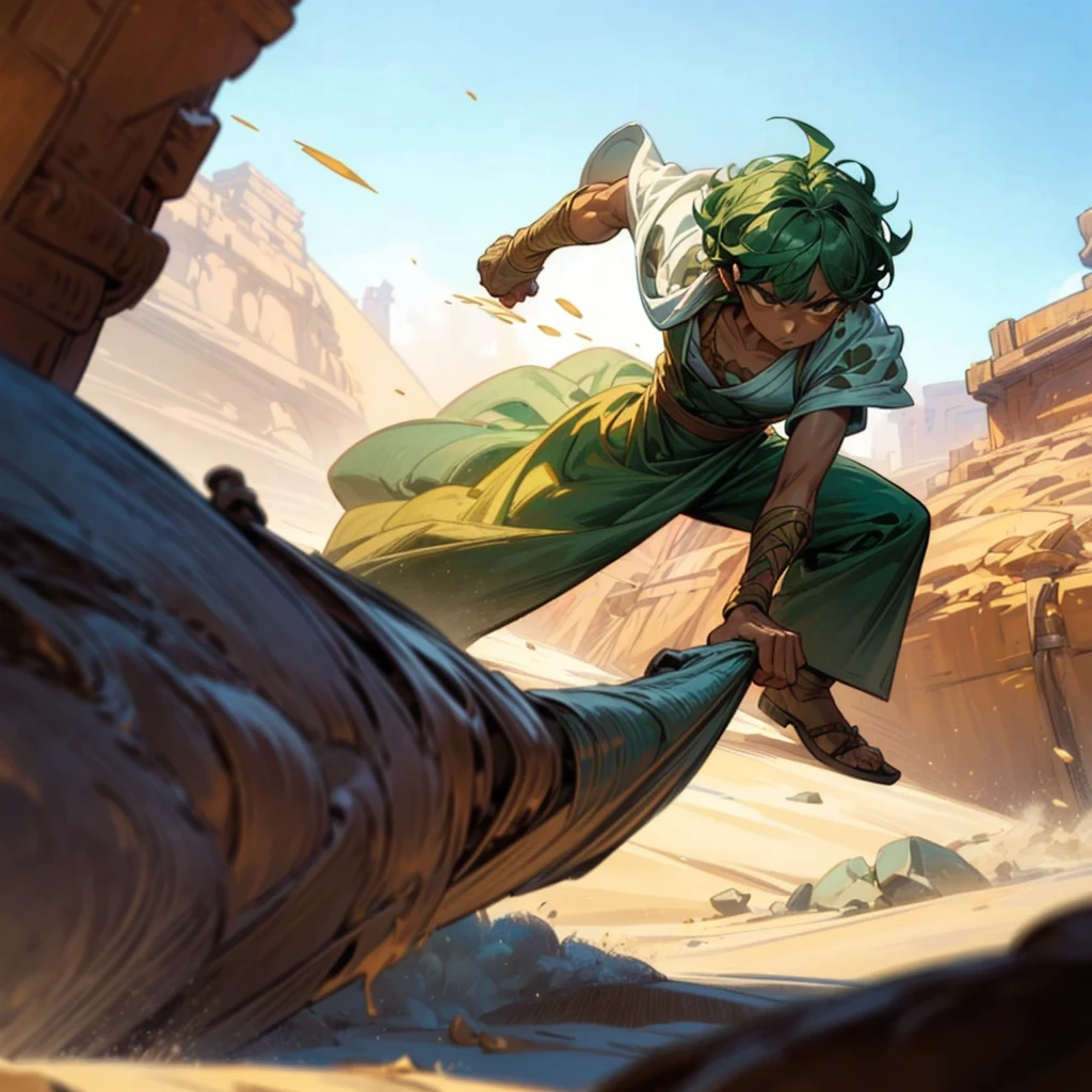 1boy, Full body version, 1character, (sand wanderer), brown eyes color, dark skin, Curly cut hairstyle, small eyes type, green colour hair, doctor ancient roman clothing style, white color clothing, dark green robe, Ancient roman boots, armor vest, sands in two hand, Grassroots background in desert, (battle, battle gesture, battle poses, view character on small, He a sand wanderer, he controls sand with his hands, he fights enemies with sand, enemies, bandits, Fighting, intense battles, fighting in desert, Dynamic Pose, Motion Blur, emphasis lines, sparks, plasma, aura)