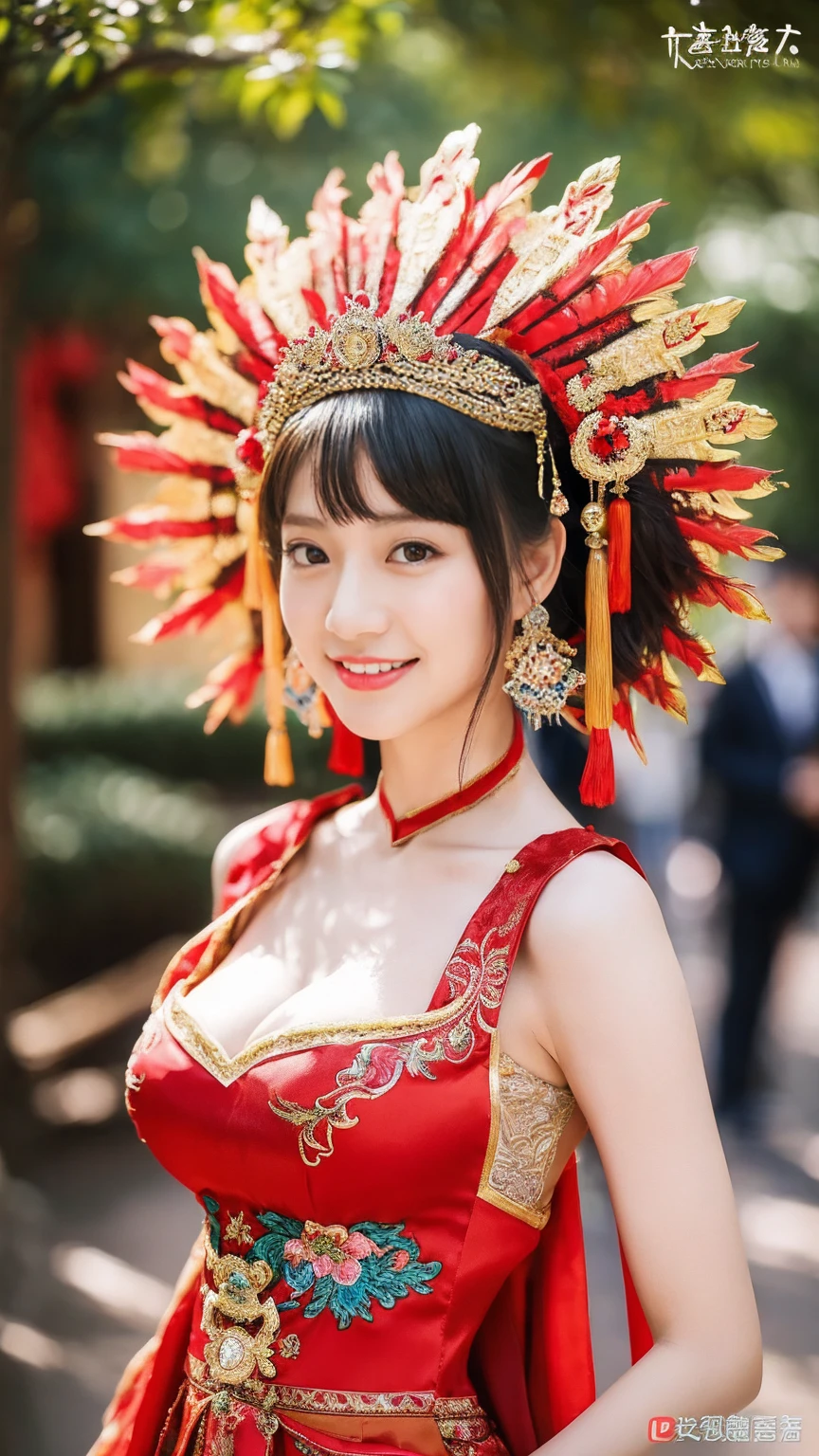 (8K, Fotos RAW, mais alta qualidade, Obra de arte: 1.2), ((seios grandes:1.2)),(realista, realista: 1.37), 1 garota, Usando um vestido vermelho e cocar、Uma mulher tirando uma foto, RPG lindo, Lindos trajes, vestido chinês, vestido complicado, Trajes complicados, beleza tradicional, lindo modelo chinês, Traje chinês, Vestidos com trajes luxuosos, Vestindo roupas elegantes chinesas Xiuhe, vestido de noiva chinês, Coroa de Phoenix pendurada no verão, Noiva antiga, Hidekazu Costume, fechar, Usando a Coroa da Fênix, Sorriso, sem marca d&#39;água, Vestido bordado dragão e fênix, Peito Médio