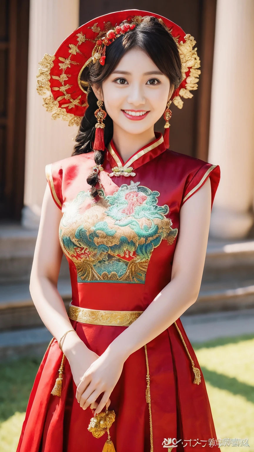(8K, RAW 사진, 최상의 품질, 걸작: 1.2), ((큰 가슴:1.2)),(현실적인, 현실적인: 1.37), 소녀 1명, 빨간 드레스와 머리 장식을 착용、사진을 찍는 여성, 화려한 역할극, 아름다운 의상, 중국 드레스, 복잡한 드레스, 복잡한 의상, 전통미, 화려한 중국 모델, 중국 의상, 고급스러운 의상을 입고, 우아한 중국 슈허 의상을 입고, 중국 웨딩드레스, 피닉스 왕관 여름 매달려, 골동품 신부, Hidekazu Costume, 닫다, 피닉스 왕관 착용, 웃다, 워터마크 없음, 드래곤 앤 피닉스 자수 드레스, 중간 가슴
