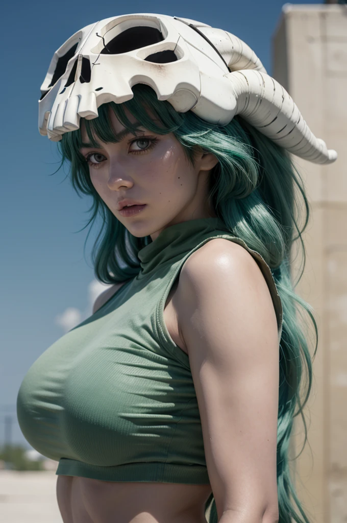 Nelliel from bleach, realistic, age 25, extreme pure white skin, skull on head, light green long hair, torne green shirt, perfect face, perfect shape body, large breasts, clothes covered upper body, 3d .