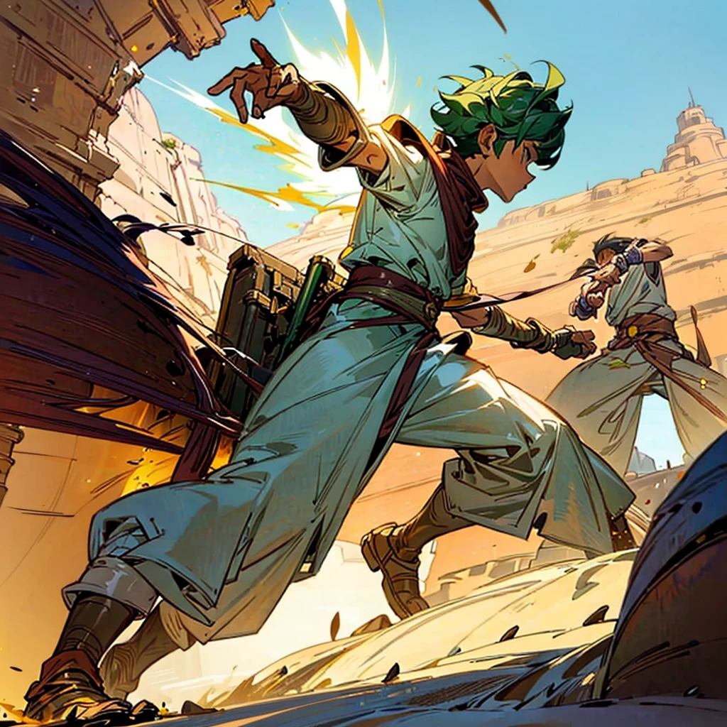 1boy, Full body version, 1character, (sand wanderer), brown eyes color, dark skin, Curly cut hairstyle, small eyes type, green colour hair, doctor ancient roman clothing style, white color clothing, dark green robe, Ancient roman boots, armor vest, sands in two hand, Grassroots background in desert, (battle, battle gesture, battle poses, view character on small, He a sand wanderer, he controls sand with his hands, he fights enemies with sand, enemies, bandits, Fighting, intense battles, fighting in desert, Dynamic Pose, Motion Blur, emphasis lines, sparks, plasma, aura)