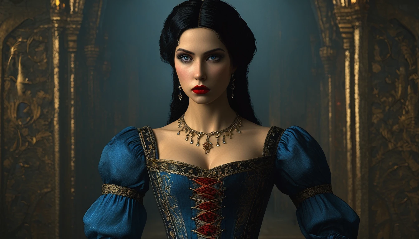 (((中世風))), 非常にタイトなコルセットを着け、唇から血が流れている青いドレスを着た王女の画像, ビル・ヘンソン, 非常に精巧な金色の目, 血のように赤い唇, 黒髪, 超詳細な4K, Unreal 5 グラフィックエンジン