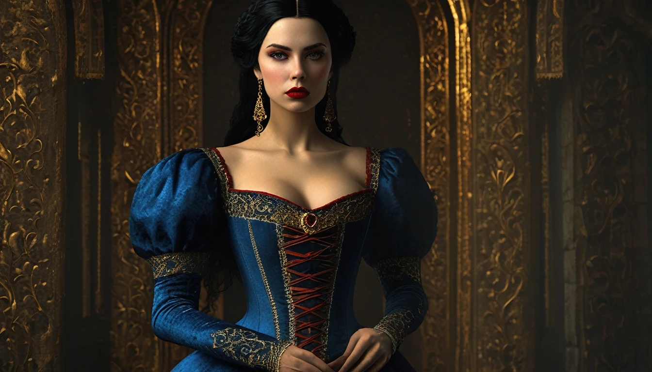 (((estilo medieval))), imagem de uma princesa em um vestido azul usando um espartilho super apertado com lábios sangrando, Bill Henson •, olhos dourados super detalhados, Lábios vermelhos de sangue, Cabelo preto, 4k super detalhado, Motor gráfico Unreal 5