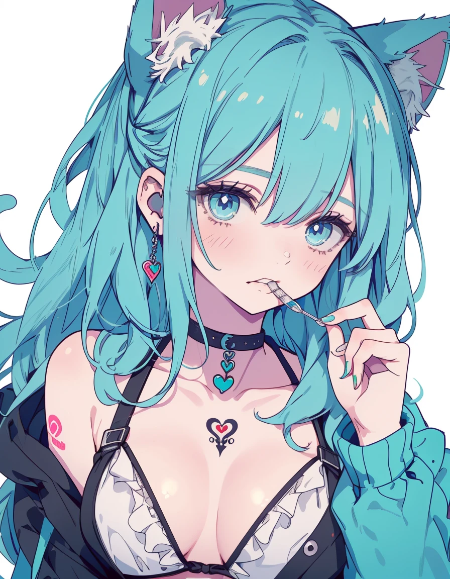 tattoo, heart-shaped pupils, full-body, bikini, biting lip, ((masterpiece, best quality:1.5)), ((Beautiful detailed cat aqua eyes:1.2)), cat ears, pale skin, medium breasts, beautiful hands, beautiful fingers, EasyNegative