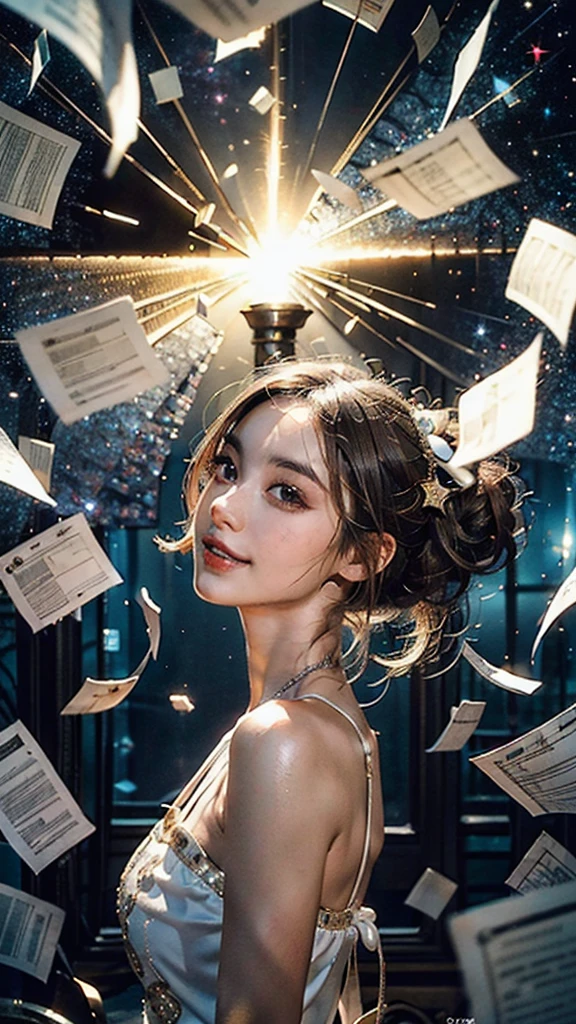 masterpiece,best quality,aesthetic,detailed face,subsurface scattering,from above,
wrenchsfantasy,fantasy,1girl,photo of a cute girl,light smile,charming,20yo,Updo Hair.Bald,Metallic gold hair,glowing,cloud,colorful || starry,stars,paperexplosion,surrounded by papers,papers flying in the air,papers flying from,
space_style,style-swirlmagic,style-sylvamagic,rainbow-candy,
illumination, divine light, revived holy magic, spread magical colors, enchanted, new fine detail, full cinematic perfect, creative, shiny, spiritual, dramatic epic, magnificent, great artistic, beautiful, stunning, intricate