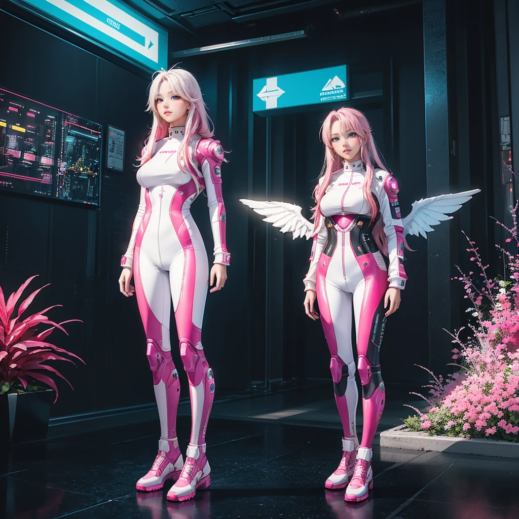 ((work of art, best qualityer, extremely detaild), volumetric lighting, ambient occlusion, colorfully, Ablaze), 
1 girl, standing alone, Youngh, (pink  hair), long hair, areola, Aura, sacred, GOD, cyber suit, (white outfit:1.3), ANDROID, robot, ángel wings,
plein-air, SUNSET, sky, clouds, space, (cyberpunk theme:1.2),