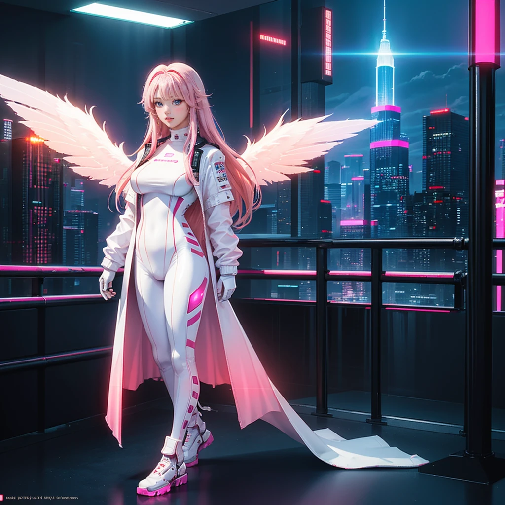 ((work of art, best qualityer, extremely detaild), volumetric lighting, ambient occlusion, colorfully, Ablaze), 
1 girl, standing alone, Youngh, (pink  hair), long hair, areola, Aura, sacred, GOD, cyber suit, (white outfit:1.3), ANDROID, robot, ángel wings,
plein-air, SUNSET, sky, clouds, space, (cyberpunk theme:1.2),