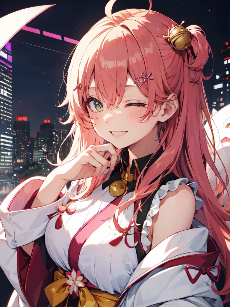 girl, solo,big, masterpiece, Highest quality, smile, cyber-, One person city、Sakuramiko,Long Hair、Close-up of face、A big smile、Close your eyes and laugh、Miko costume、Pink Hair、Ahoge