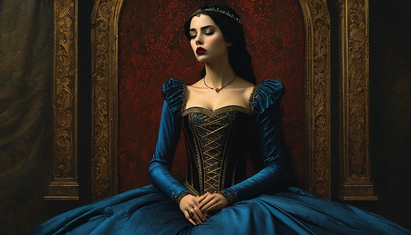 (((estilo medieval))), imagen de una princesa con un vestido azul asfixiándose, Bill Henson, luciendo un corsé súper ajustado con labios sangrantes, ojos dorados súper detallados, labios rojo sangre, pelo negro, súper detallado 4k, motor gráfico Unreal 5