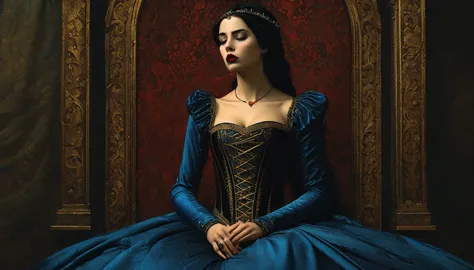 (((medieval style))), image of a princess in a blue dress suffocating, Bill Henson, wearing a super tight corset with bleeding l...