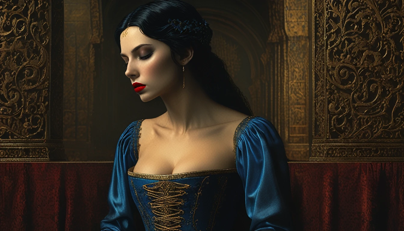 (((средневековый стиль))), образ задыхающейся принцессы в голубом платье, Билл Хенсон, носить очень тугой корсет с кровоточащими губами, супер детализированные золотые глаза, кроваво-красные губы, черные волосы, супердетализированное 4к, графический движок Unreal 5