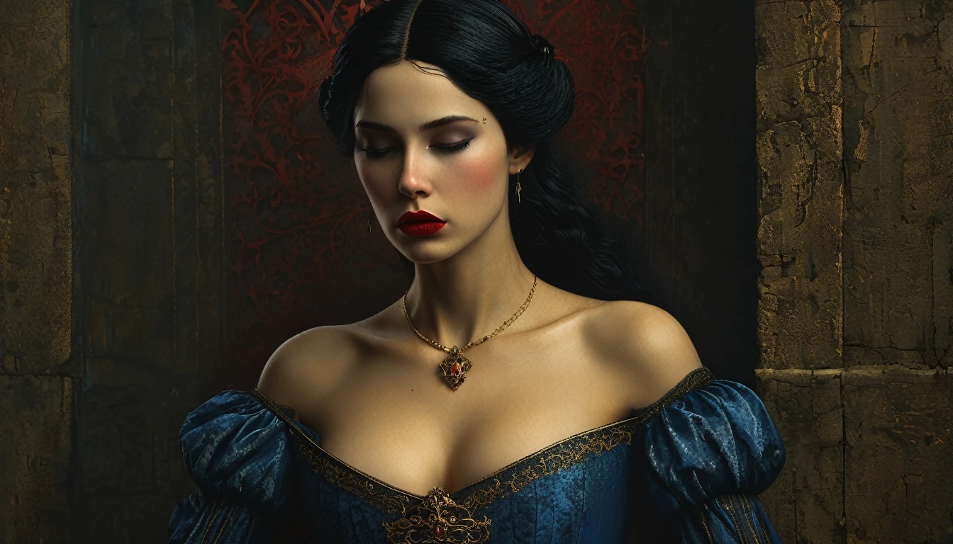 (((mittelalterlicher Stil))), Bild einer Prinzessin in einem blauen Kleid erstickt, Bill Henson, trägt ein superenges Korsett mit blutenden Lippen, super detaillierte goldene Augen, blutrote Lippen, schwarzes Haar, super detailliertes 4k, Grafik-Engine Unreal 5