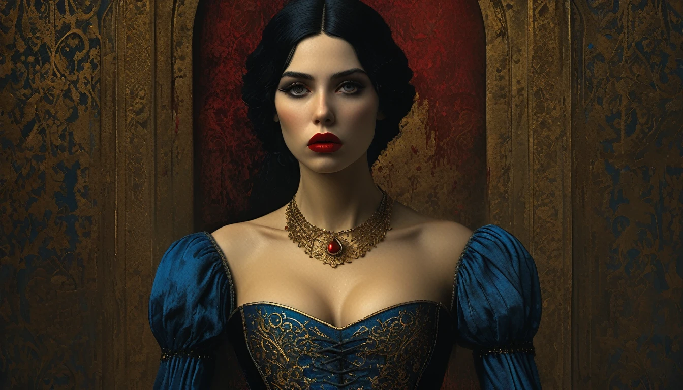 (((中世風))), 青いドレスを着た王女が窒息している画像, ビル・ヘンソン, 唇から血が流れるほどタイトなコルセットを着用, 非常に精巧な金色の目, 血のように赤い唇, 黒髪, 超詳細な4K, グラフィックエンジン Unreal 5