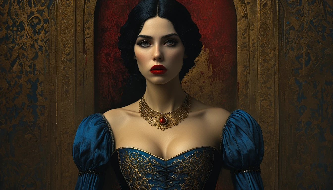 (((style médiéval))), image d&#39;une princesse en robe bleue étouffante, Bill Henson, portant un corset super serré avec des lèvres qui saignent, yeux dorés super détaillés, Lèvres rouge sang, cheveux noirs, 4K super détaillé, moteur graphique Unreal 5