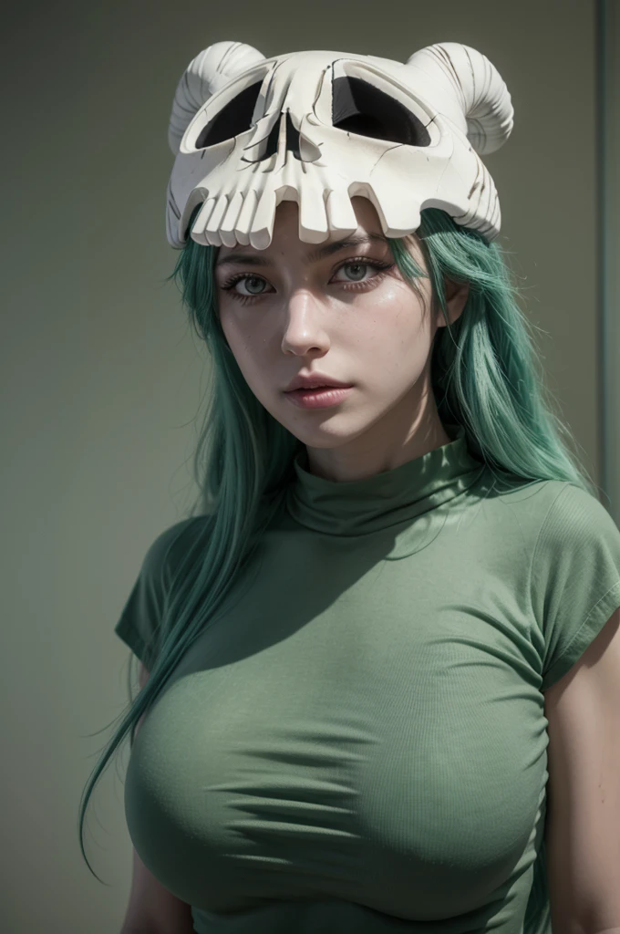 Nelliel from bleach, realistic, age 25, extreme pure white skin, skull on head, light green long hair, torne green shirt, perfect face, perfect shape body, large breasts, clothes covered upper body, 3d .