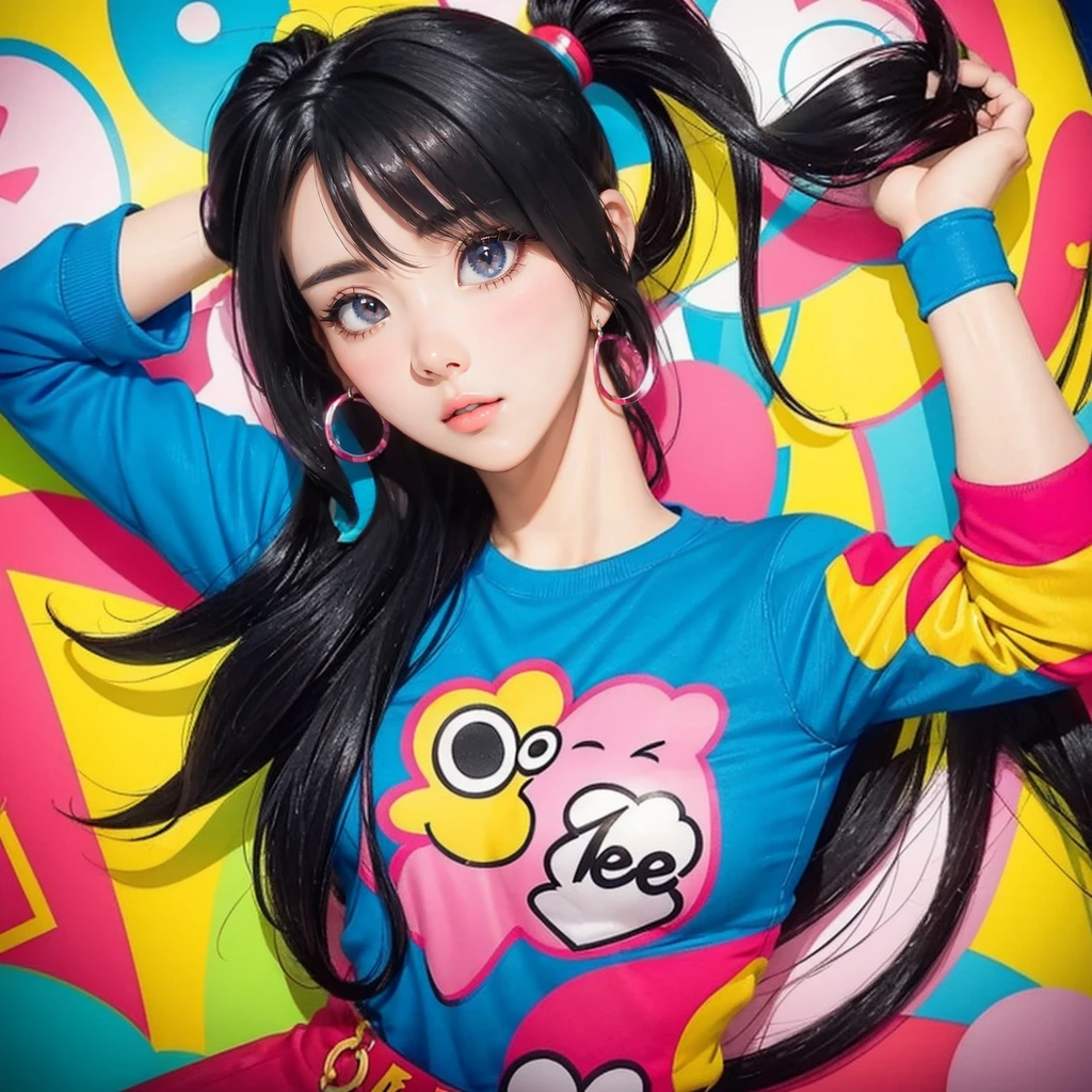 close-up of realistic cartoon character woman stylized as an adult quiz, dressed in a fun, colorful and vibrant t-shirt, in the background at night in low light, her hair is black, no light should shine on her hair or body