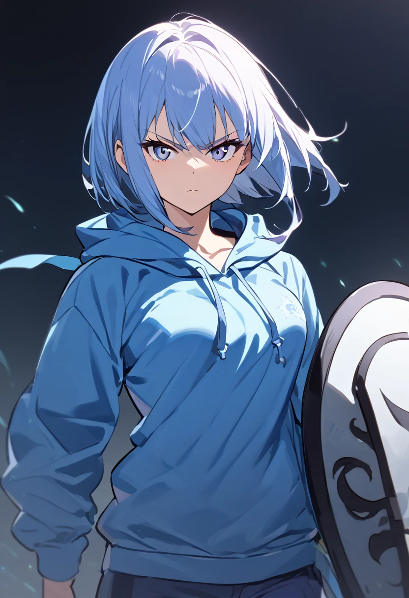 A girl, blue fur, short hair, blue fur, Lightweight Hoodie, medium chest, holding a shield, looking at the viewer, serious face, simple background, whole body, depth of field