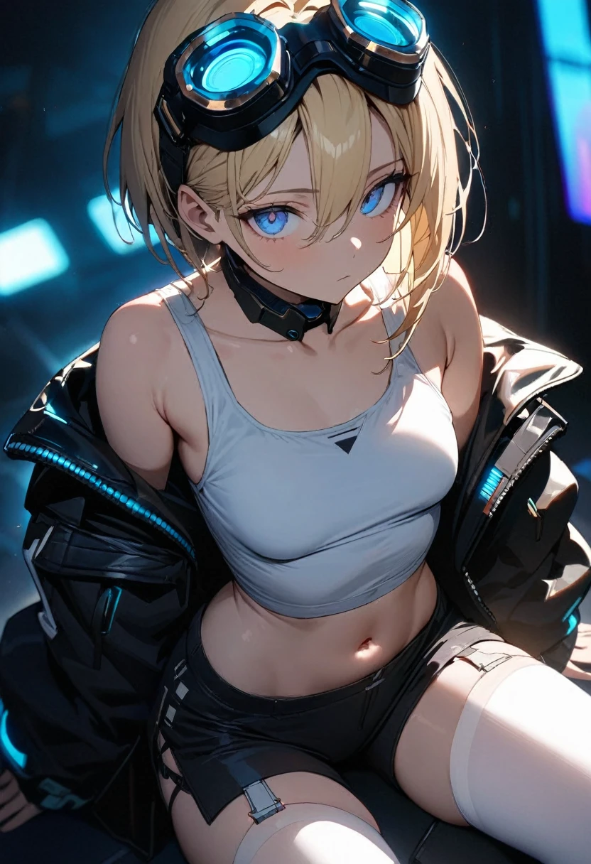 a handsome girl, solo, blond hair, asymmetrical bob, blue eyes,(bright eyes:1.2),
cyber punk black jacket, white tank top, goggles on head,
[navel], off shoulder, open jacket, black shorts, garter rings, white tights,
expressionless, blurry background, perfect lighting, perfect angle, masterpiece, best quality, extremely detailed face,