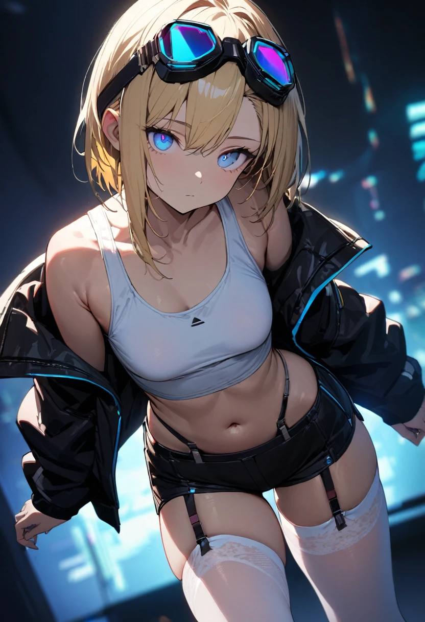 a handsome girl, solo, blond hair, asymmetrical bob, blue eyes,(bright eyes:1.2),
cyber punk black jacket, white tank top, goggles on head,
[navel], off shoulder, open jacket, black shorts, garter rings, white tights,
expressionless, blurry background, perfect lighting, perfect angle, masterpiece, best quality, extremely detailed face,