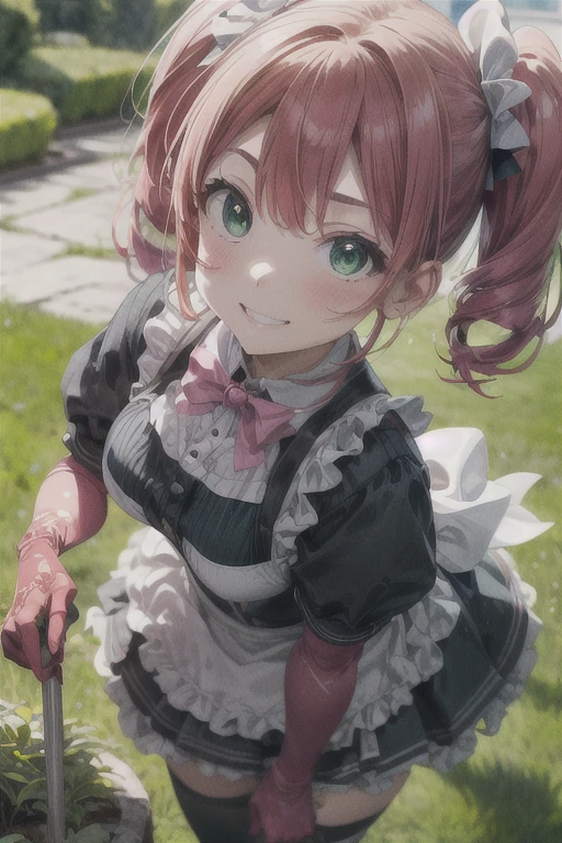 (masterpiece), Highest quality, (((Super detailed, 8K quality))), Expressive eyes, Perfect Face, Perfect Anatomy, Perfect body, scene, Hanabishi Haruka, Twin tails, (Green Eyes:1.3), Pink Hair, smile,  garden, Knee socks, gloves, dress, bow, Magical girl, pink gloves, close Portraiture, Maid, Maid headdress, smile, Skirt Hold, garden, Portraiture, close, Purple Hair