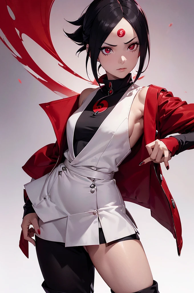 (obra de arte, mejor calidad, cinematográfico, photorrealistic, ultra detalles), 1 chica, (Uchiha Sarada de la serie de anime Boruto), (directo, Pelo hasta los hombros, flequillo prominente que le cubre el ojo izquierdo, y el resto de su cabello le cae hasta los hombros), linda chica anime, manos perfectas, cara perfecta, anatomía perfecta, (lleva una chaqueta roja, debajo del cual hay un chaleco color crema, debajo de la cual lleva una camiseta de cuello alto blanca con una corbata roja), (lleva una falda roja y botas negras abiertas), pose diferente, Fondo degradado, (Estirar el cuerpo), (ojos Sharingan), (alumnos detallados: ojos Sharingan:1.5)