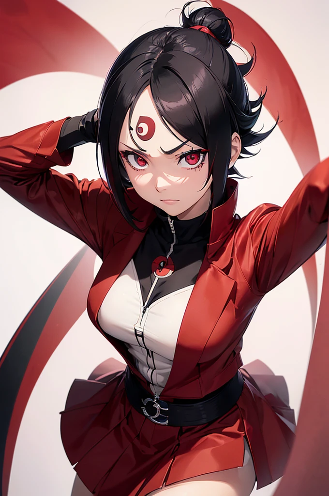 (work of art, best qualityer, cinematic, photorrealistic, ultra detali), 1 girl, (Uchiha Sarada from the Boruto anime series), (direct, Hair to the shoulders, prominent bangs covering the left eye, and the rest of her hair falls to her shoulders), cute anime girl, perfect hands, face perfect, Perfect Anatomia, (wears a red jacket, under which there is a cream-colored vest, under which she wears a white turtleneck shirt with a red tie), (wears a red skirt and open black boots), different pose, gradient background, (stretching the body), (sharingan eyes), (detailed pupilss: sharingan eyes:1.5)