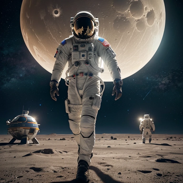 a photorealistic astronaut in a futuristic spacesuit, walking on the surface of an alien planet with two moons in the sky, detailed facial features, highly detailed, dramatic lighting, cinematic composition, intricate details, vibrant colors, hyper realistic, 8k, incredibly detailed, masterpiece, stunning, photographic