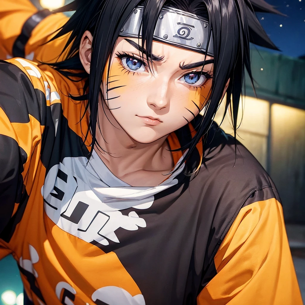 close-up of realistic naruto style cartoon character stylized as an adult quiz, dressed in a fun and colorful and vibrant t-shirt, in the background at night in low light, his hair is black, no light should shine on his hair or body