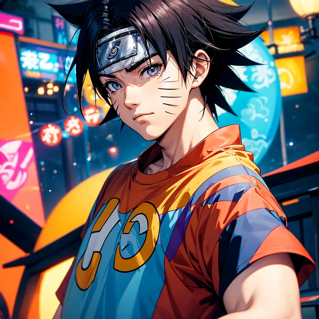 close-up of realistic naruto style cartoon character stylized as an adult quiz, dressed in a fun and colorful and vibrant t-shirt, in the background at night in low light, his hair is black, no light should shine on his hair or body