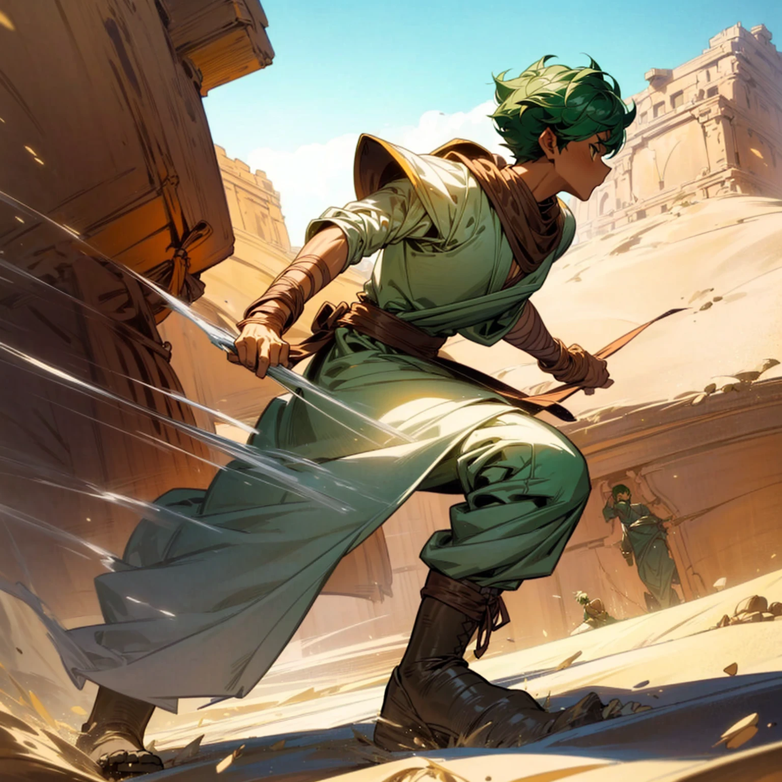 1boy, Full body version, 1character, (sand wanderer), brown eyes color, dark skin, (Curly cut hairstyle), small eyes type, green colour hair, doctor ancient roman clothing style, white color clothing, dark green robe, Ancient roman boots, armor vest, sands in two hand, Grassroots background in desert, (battle, battle gesture, battle poses, view character on small, He a sand wanderer, he controls sand with his hands, he fights enemies with sand, enemies, bandits, Fighting, intense battles, fighting in desert, Dynamic Pose, Motion Blur, emphasis lines, sparks, plasma, aura)
