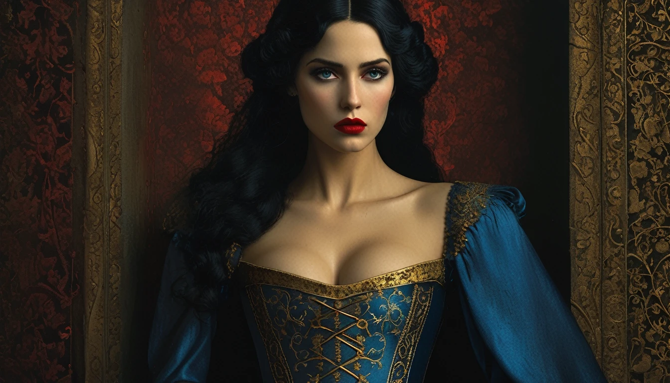 (((средневековый стиль))), образ задыхающейся принцессы в голубом платье, Билл Хенсон, носить очень тугой корсет с кровоточащими губами, супер детализированные золотые глаза, кроваво-красные губы, черные волосы, супердетализированное 4к, графический движок Unreal 5