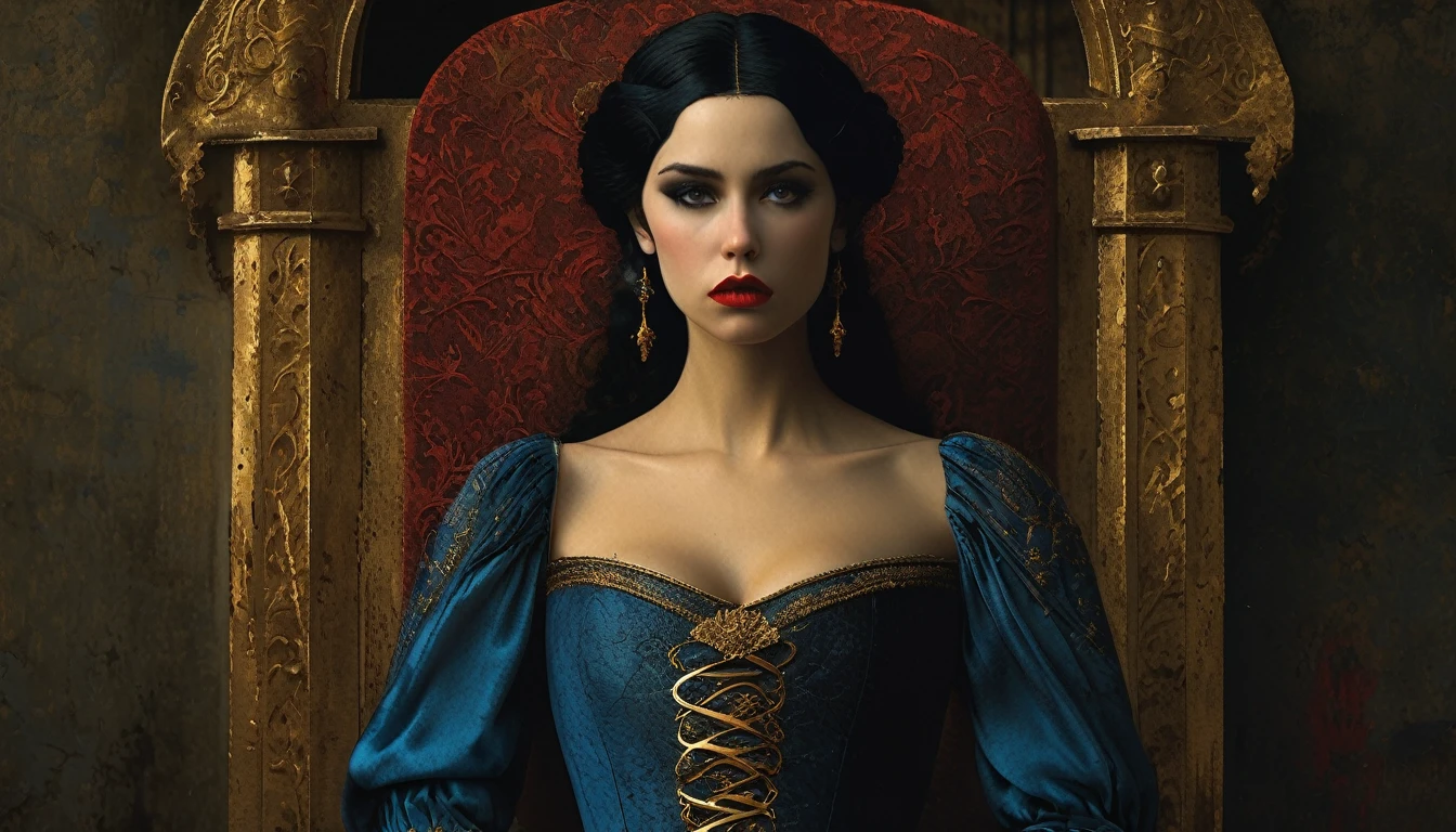 (((mittelalterlicher Stil))), Bild einer Prinzessin in einem blauen Kleid erstickt, Bill Henson, trägt ein superenges Korsett mit blutenden Lippen, super detaillierte goldene Augen, blutrote Lippen, schwarzes Haar, super detailliertes 4k, Grafik-Engine Unreal 5