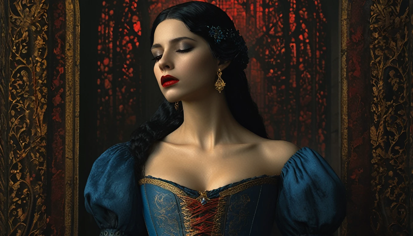 (((medieval style))), image of a princess in a blue dress suffocating, Bill Henson, wearing a super tight corset with bleeding lips, super detailed golden eyes, blood red lips, black hair, super detailed 4k, graphics engine Unreal 5