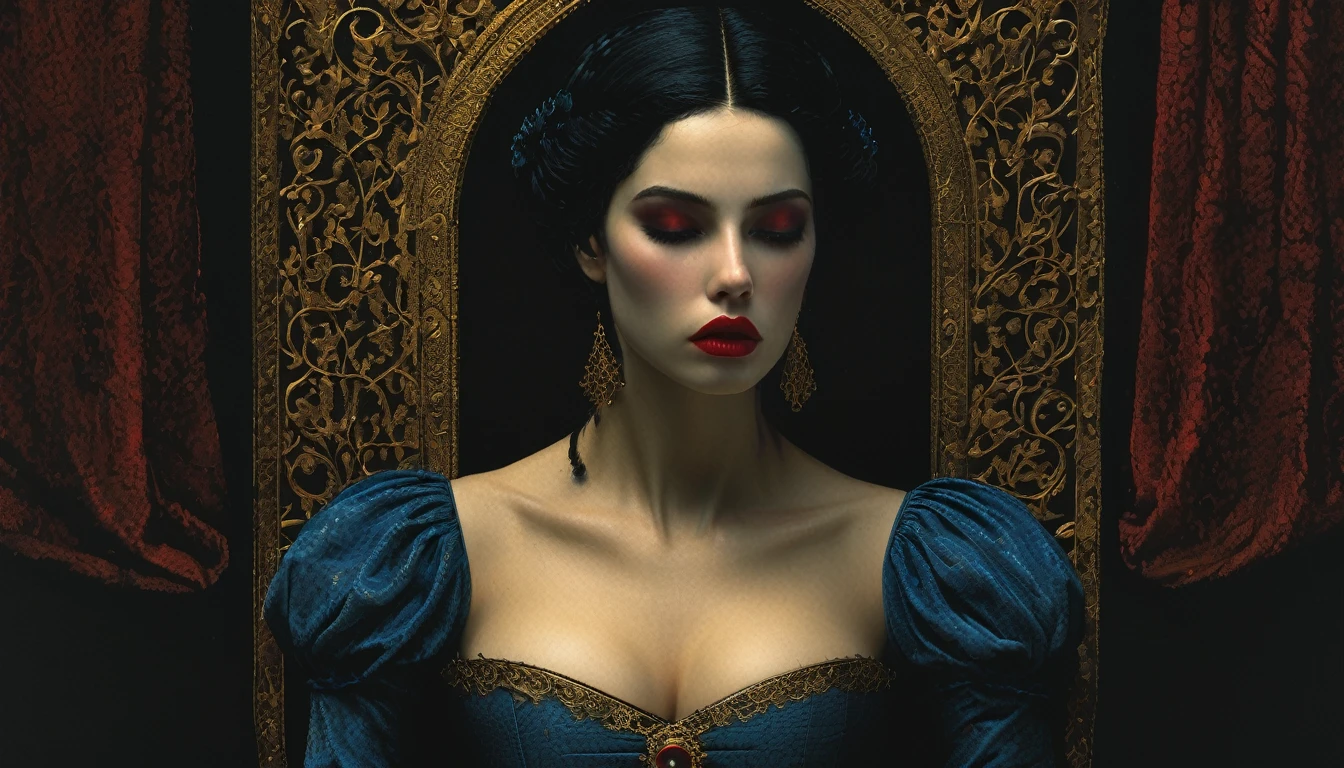 (((estilo medieval))), imagen de una princesa con un vestido azul asfixiándose, Bill Henson, luciendo un corsé súper ajustado con labios sangrantes, ojos dorados súper detallados, labios rojo sangre, pelo negro, súper detallado 4k, motor gráfico Unreal 5