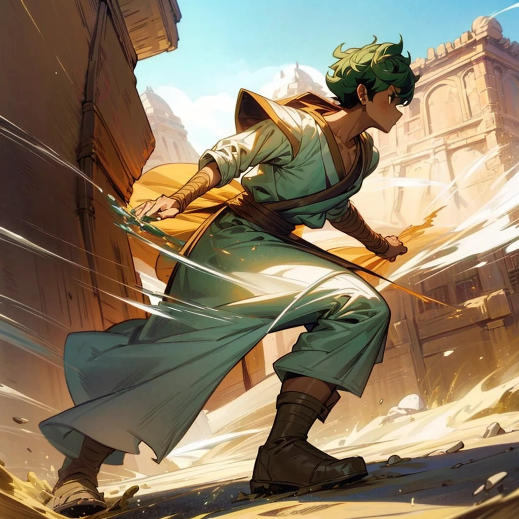 1boy, Full body version, 1character, (sand wanderer), brown eyes color, dark skin, (Curly cut hairstyle), small eyes type, green colour hair, doctor ancient roman clothing style, white color clothing, dark green robe, Ancient roman boots, armor vest, sands in two hand, Grassroots background in desert, (battle, battle gesture, battle poses, view character on small, He a sand wanderer, he controls sand with his hands, he fights enemies with sand, enemies, bandits, Fighting, intense battles, fighting in desert, Dynamic Pose, Motion Blur, emphasis lines, sparks, plasma, aura)