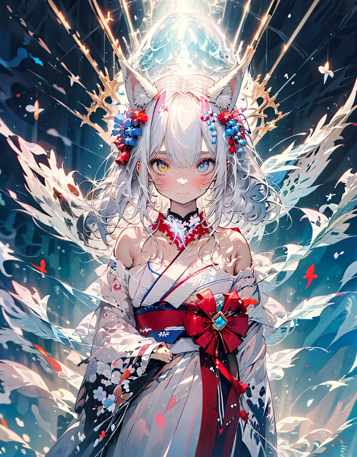 [[[ ultra-detailed, best quality, soft skin, beautiful, 4K]]] white hair, white fox ears, perfect blue and red eyes (heterochromia, tied-up hair, slender body, dynamic angle, white choker, white and blue upper loose kimono (off shoulders kimono ) , white fox ears, calm expression, female, snowy palace gardens background, serious). walking angle, ((little horny smile)), bare shoulders,  easy like, scenery, ((white fluffy cat ears)) 