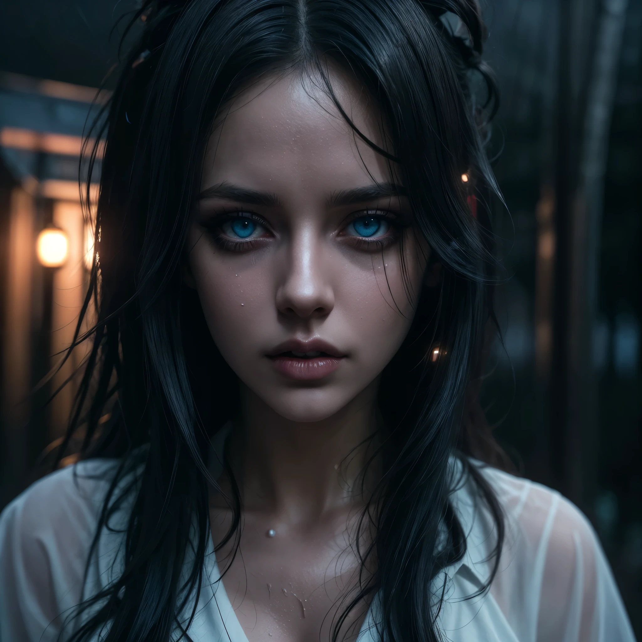 a beautiful girl with gorgeous glowing blue eyes, gothic makeup, large breasts, open clothing, white shirt, black miniskirt, in the rain, wet clothing, on a night street, (best quality,4k,8k,highres,masterpiece:1.2),ultra-detailed,(realistic,photorealistic,photo-realistic:1.37),extremely detailed eyes and face,beautiful detailed eyes,beautiful detailed lips,longeyelashes,dramatic lighting,cinematic lighting,moody atmosphere,dark and gritty,dramatic contrast,saturated colors,neon lights,rain effects