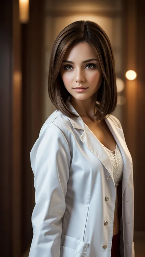 A beautiful 30-year-old girl wearing a white doctor's coat, with brown bob hair and a beautiful face stands in front of a blurre...