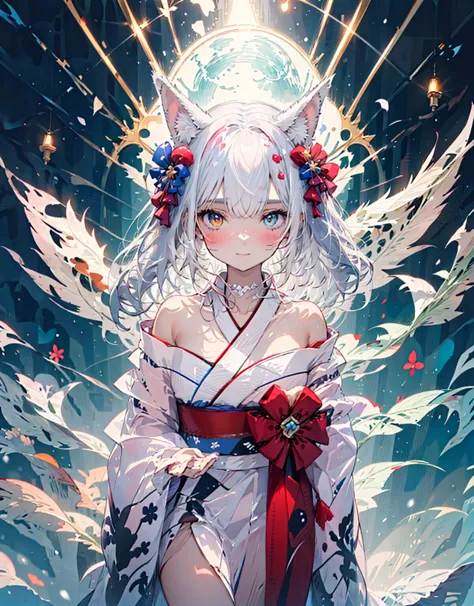 [[[ ultra-detailed, best quality, soft skin, beautiful, 4k]]] white hair, white fox ears, perfect blue and red eyes (heterochrom...