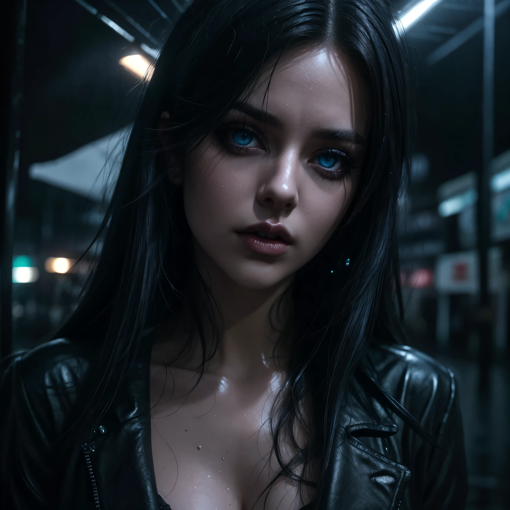 a beautiful girl with gorgeous glowing blue eyes, gothic makeup, large breasts, open clothing, white shirt, black miniskirt, in the rain, wet clothing, on a night street, (best quality,4k,8k,highres,masterpiece:1.2),ultra-detailed,(realistic,photorealistic,photo-realistic:1.37),extremely detailed eyes and face,beautiful detailed eyes,beautiful detailed lips,longeyelashes,dramatic lighting,cinematic lighting,moody atmosphere,dark and gritty,dramatic contrast,saturated colors,neon lights,rain effects