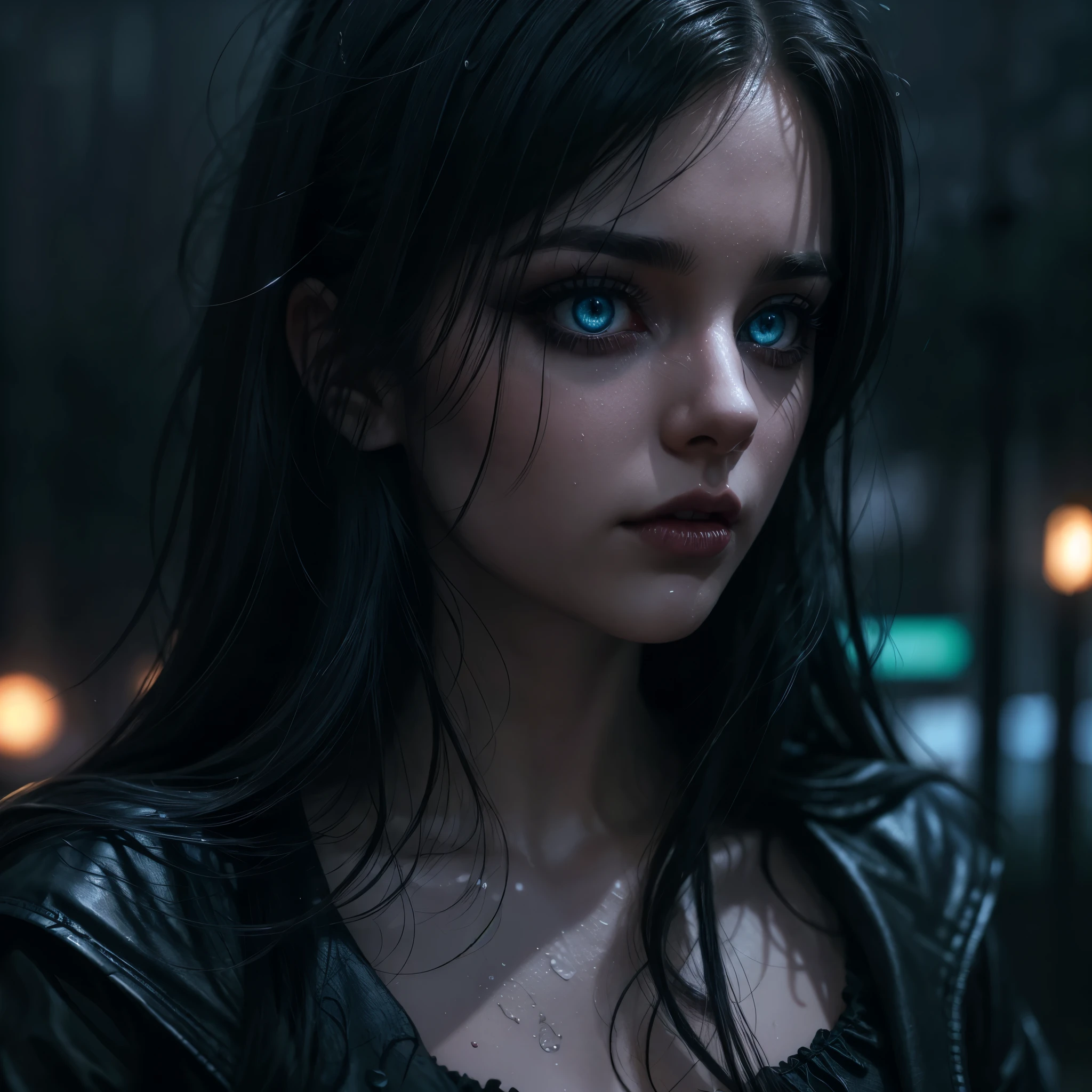 a beautiful girl with gorgeous glowing blue eyes, gothic makeup, large breasts, open clothing, white shirt, black miniskirt, in the rain, wet clothing, on a night street, (best quality,4k,8k,highres,masterpiece:1.2),ultra-detailed,(realistic,photorealistic,photo-realistic:1.37),extremely detailed eyes and face,beautiful detailed eyes,beautiful detailed lips,longeyelashes,dramatic lighting,cinematic lighting,moody atmosphere,dark and gritty,dramatic contrast,saturated colors,neon lights,rain effects